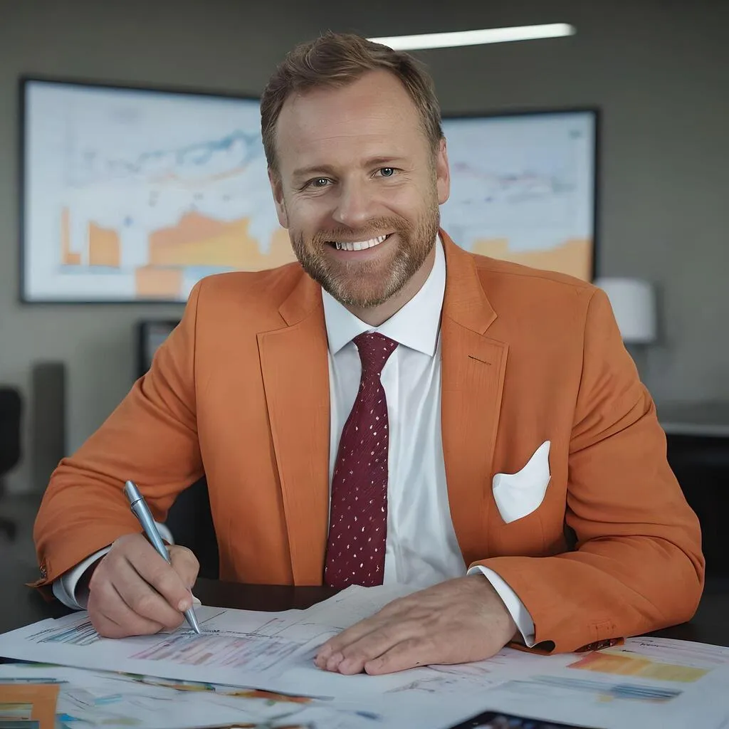 Man looking straight and is about to sign a document