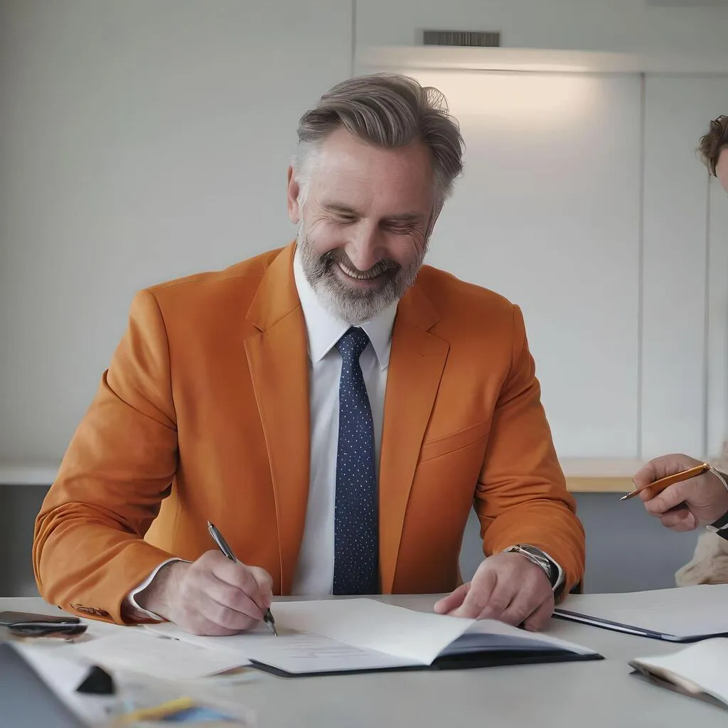 Man signing documents with a happy face