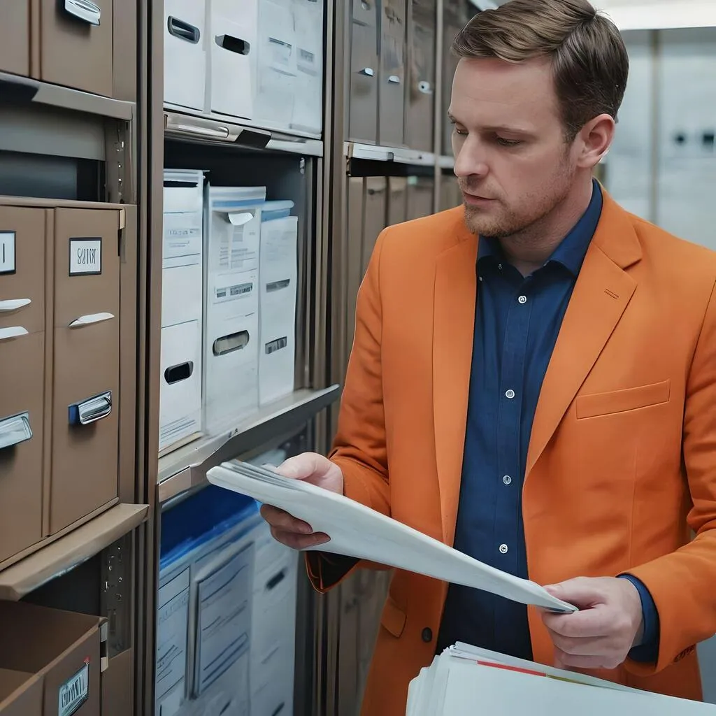 Man organizing documents into document lockers