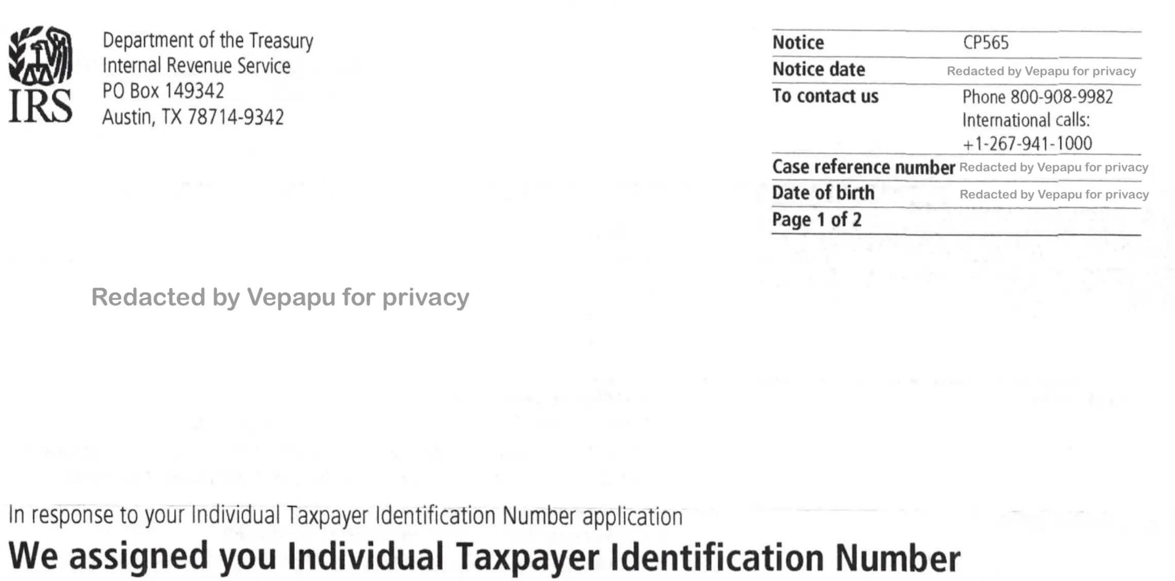 ITIN letter CP565 notice issued by the IRS
