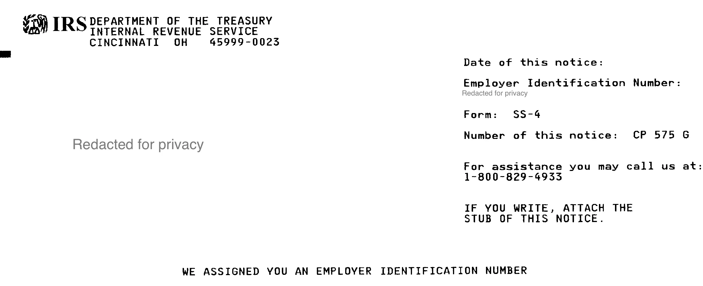 SS-4 CP575G Notice issued by the IRS confirming EIN