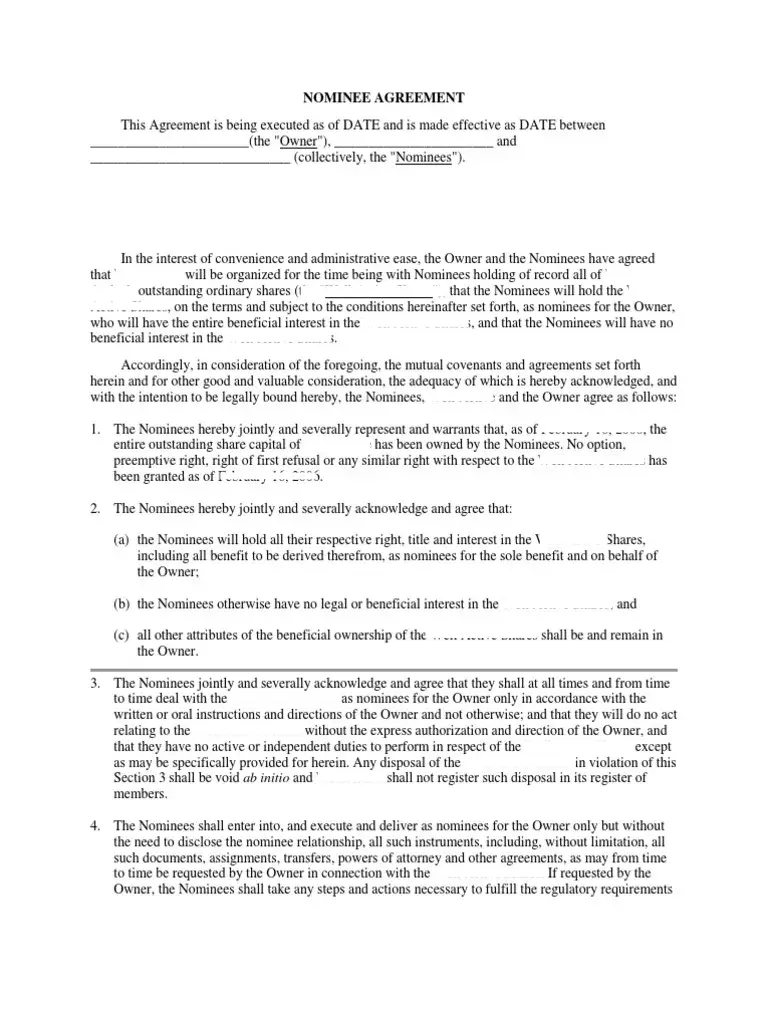 Nominee agreement template
